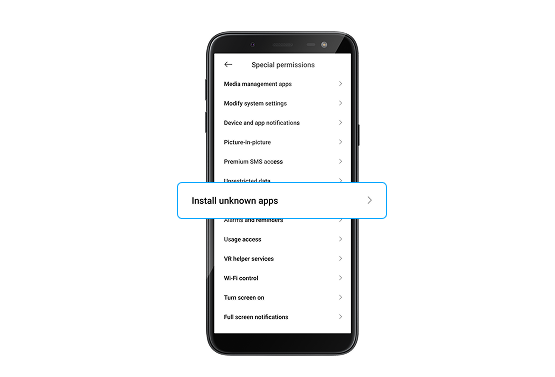 Nelle impostazioni del telefono, consenti l'installazione di app da fonti sconosciute, passaggio 2