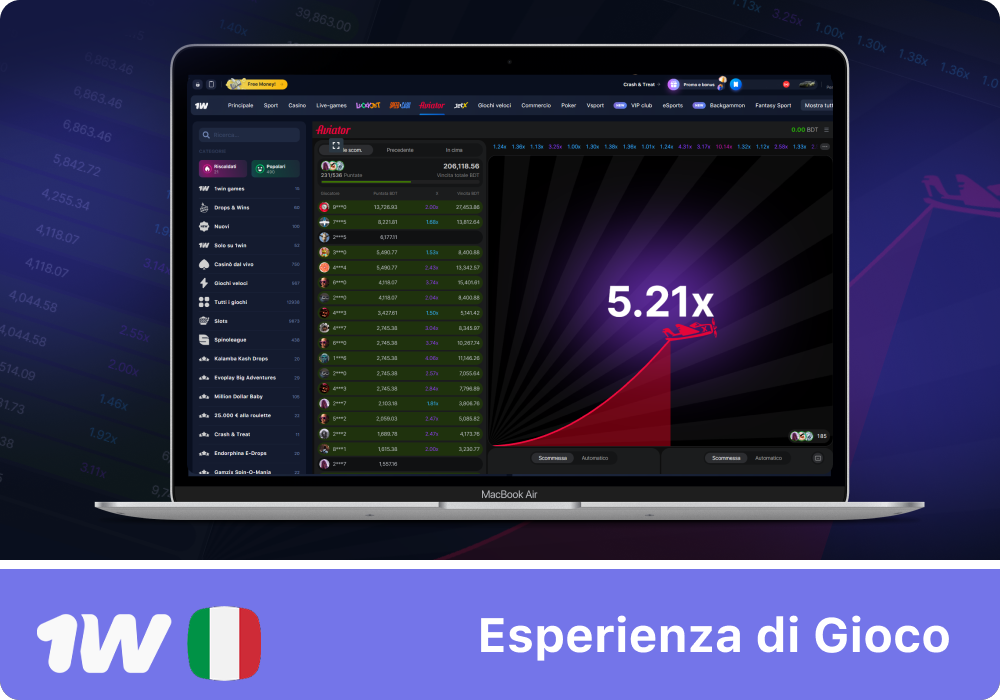 Funzionalità principali del gioco Aviator su 1w Italia