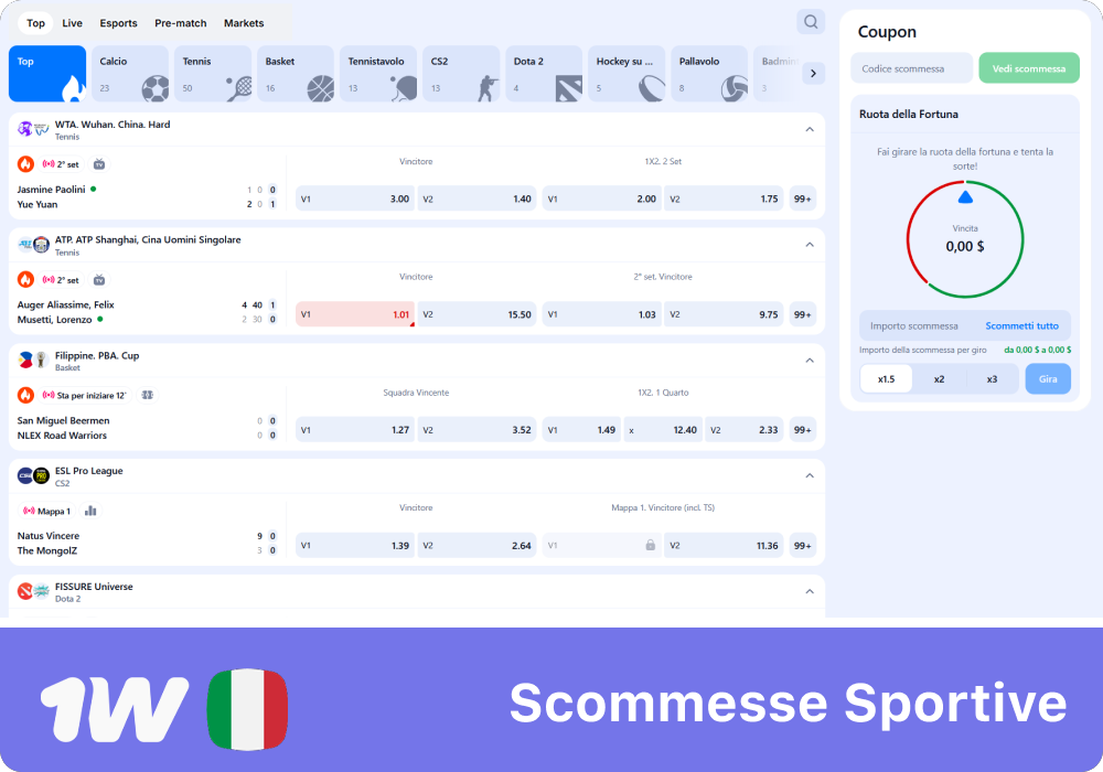 Quote competitive su sport ed eSport su 1w